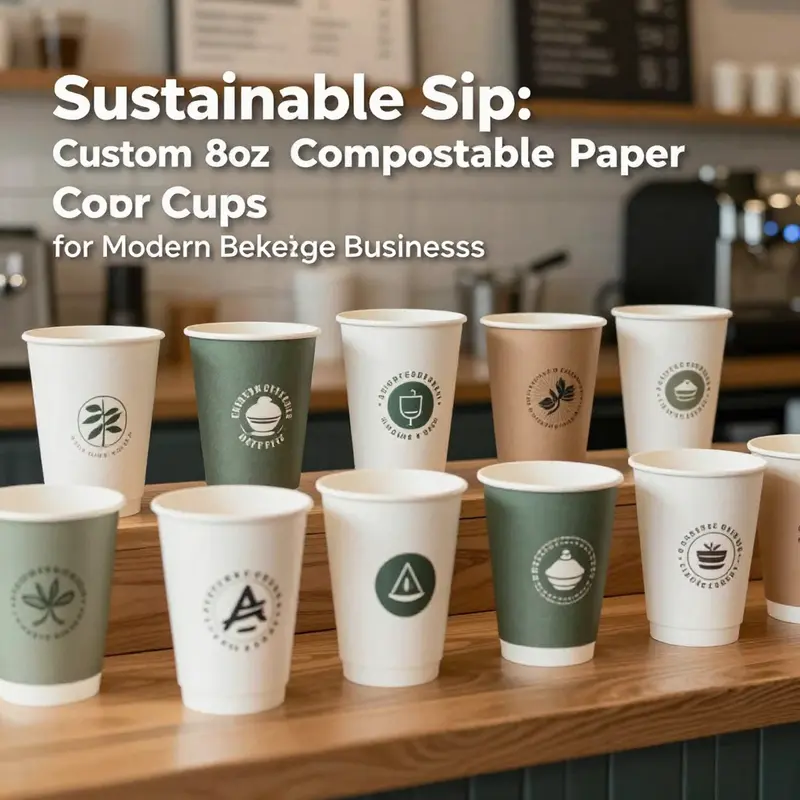 Showcase of customizable 8oz compostable paper cups in a vibrant coffee shop atmosphere.