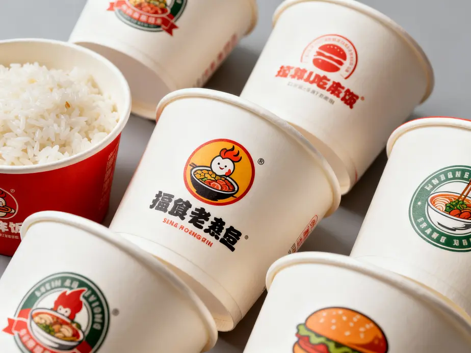 Compostable disposable rice bowls made from eco-friendly materials.