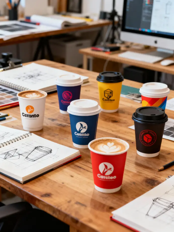 Diverse selection of takeaway coffee cups in various sizes and materials.