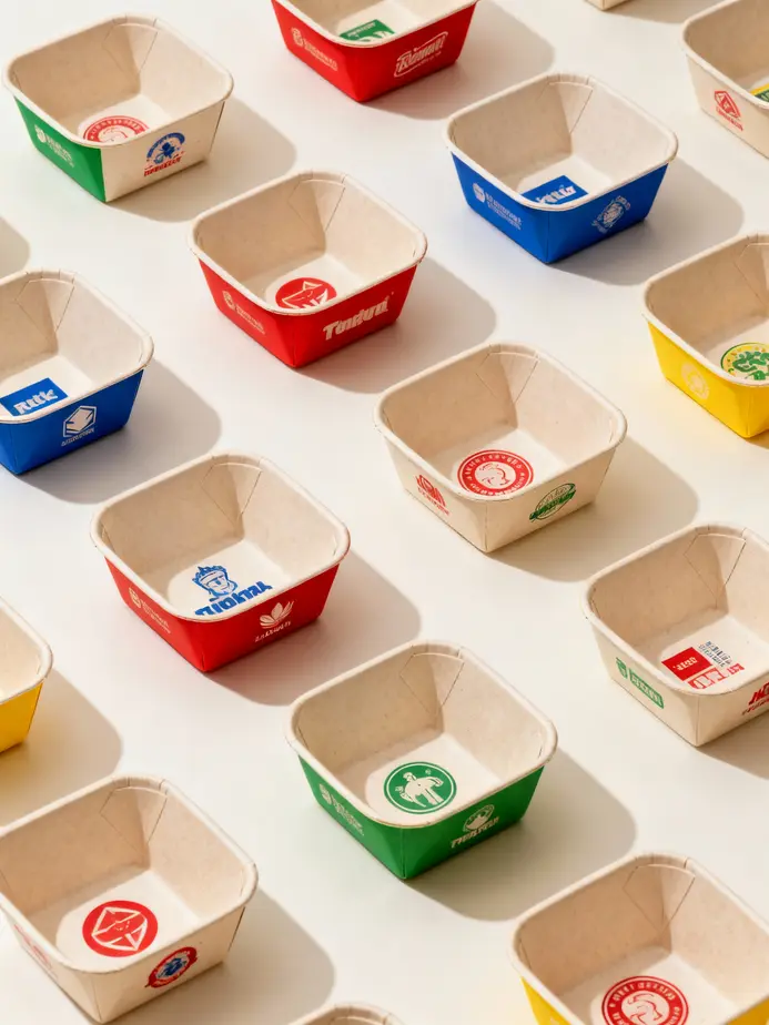 The multi-step manufacturing process involved in creating customized square paper bowls.