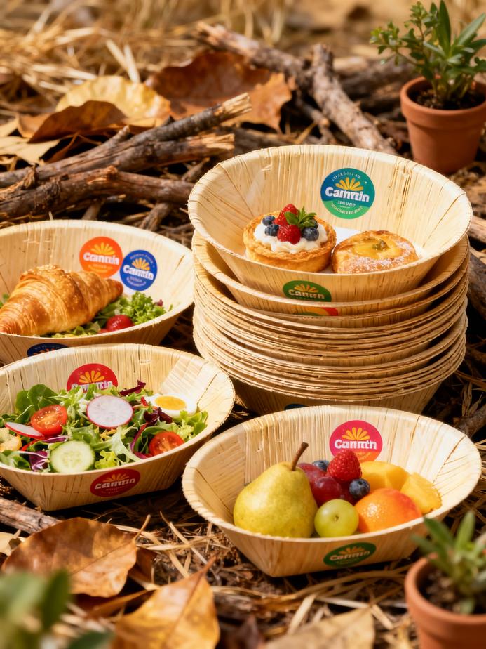 A range of customized sugarcane clamshells displaying appetizing food presentations and vibrant branding, emphasized against a nature-inspired backdrop.