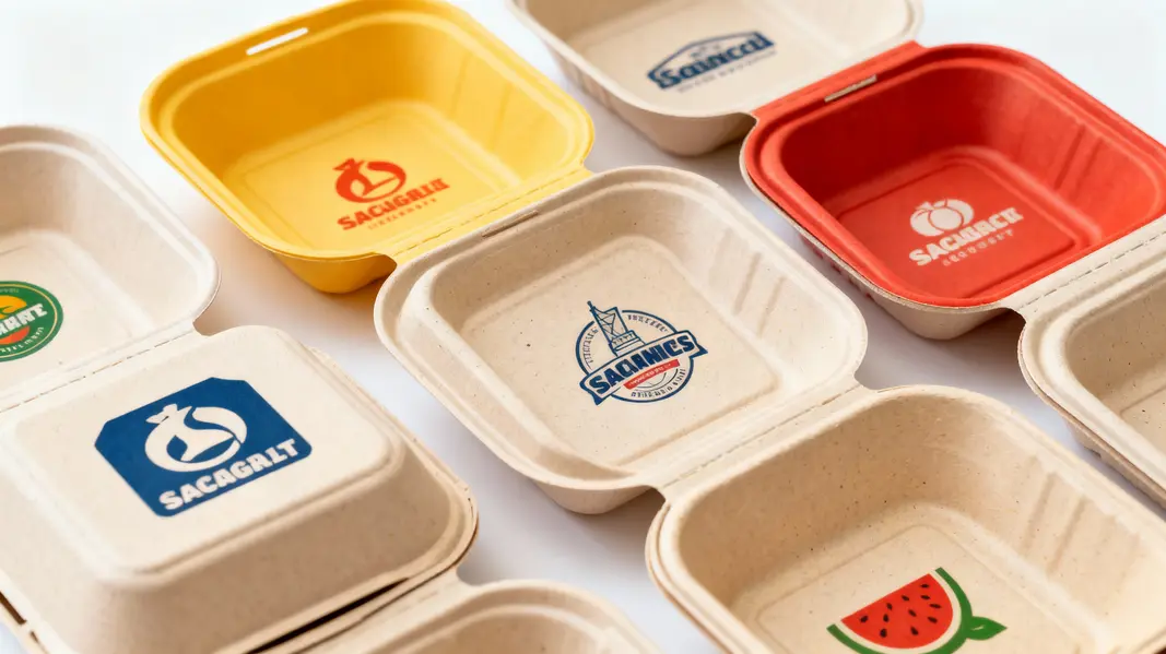 Customized sugarcane clamshells featuring diverse branding and design options.