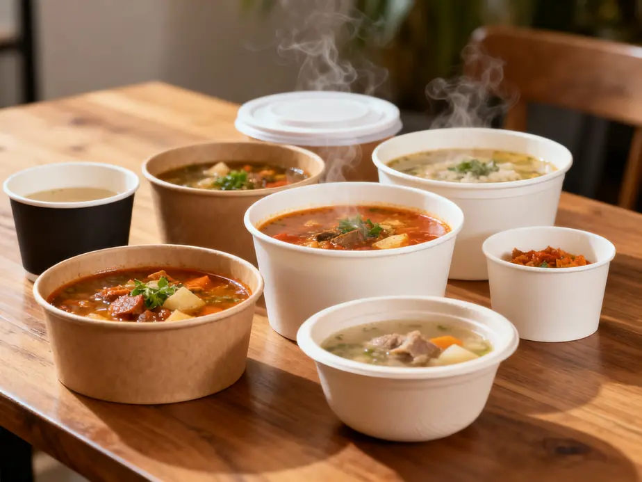 Showcasing the sturdy design and elegant presentation of deep paper bowls filled with hearty soups.
