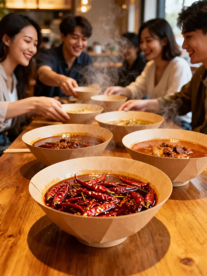 Showcasing the sturdy design and elegant presentation of deep paper bowls filled with hearty soups.