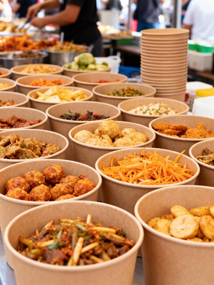 A bustling outdoor food market displaying an array of disposable paper buckets with different food items.