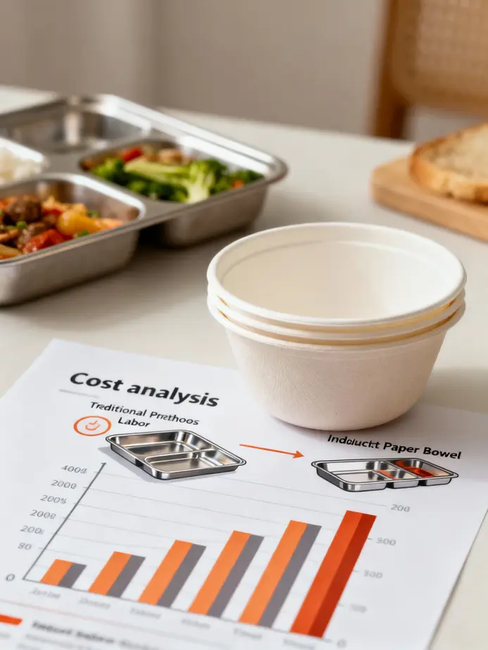 Innovative design features of induction paper bowls showcasing their metal insert and food-safe coating.