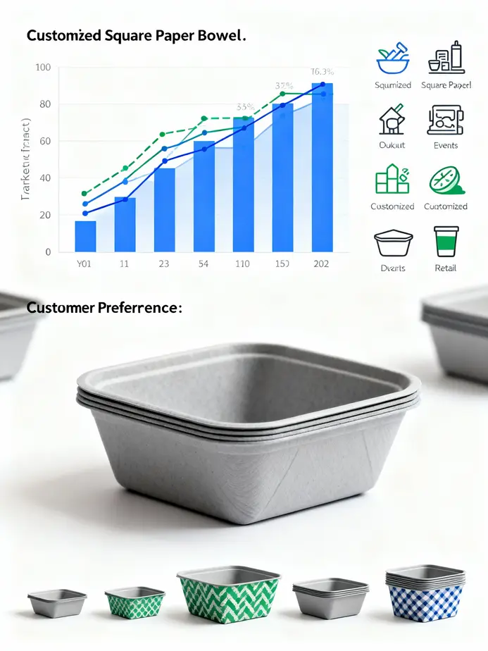 The multi-step manufacturing process involved in creating customized square paper bowls.