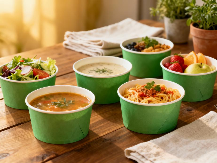 An assortment of green paper bowls filled with different foods in a casual dining setting, showcasing their appeal.
