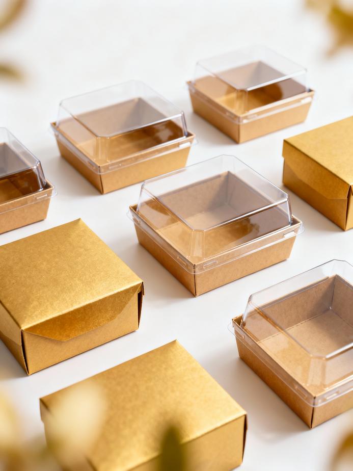 An arranged collection of paper boxes with clear lids, each containing various products, representing their diverse use in packaging.