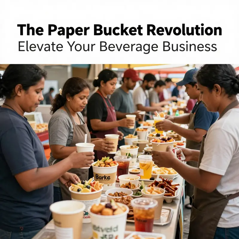 A lively food market scene with vendors using colorful paper buckets for various products.
