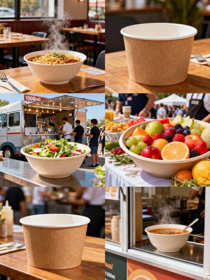 Diverse settings featuring 1000ml paper bowls utilized for serving different types of food.
