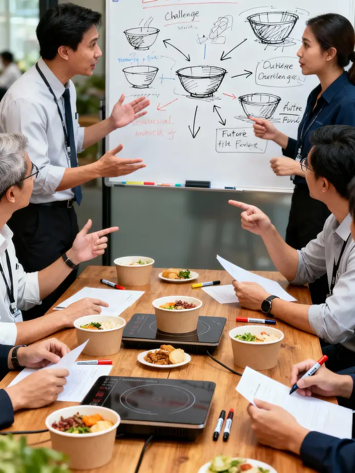 Innovative design features of induction paper bowls showcasing their metal insert and food-safe coating.