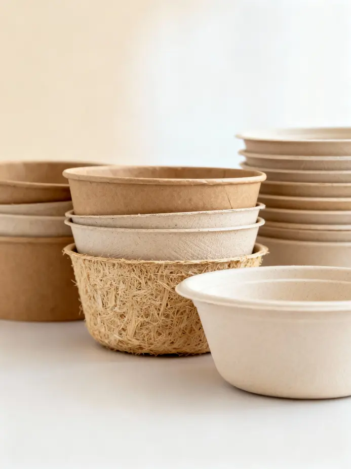 An assortment of eco-friendly bulk paper bowls highlighting various materials like kraft, bagasse, and cornstarch.