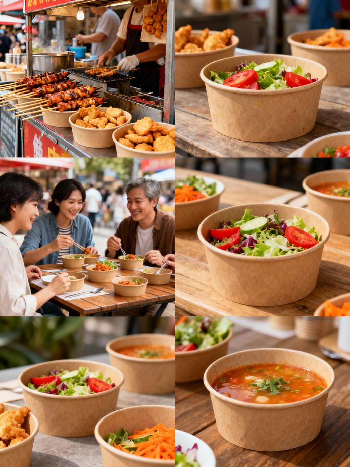 A variety of kraft paper bowls filled with meals, displayed in different settings like food markets and casual dining.