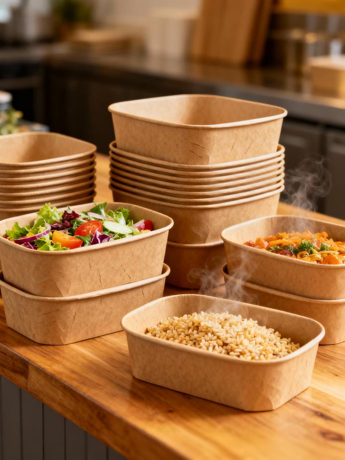 A collection of kraft rectangular bowls arranged to showcase their design and usability in food packaging.