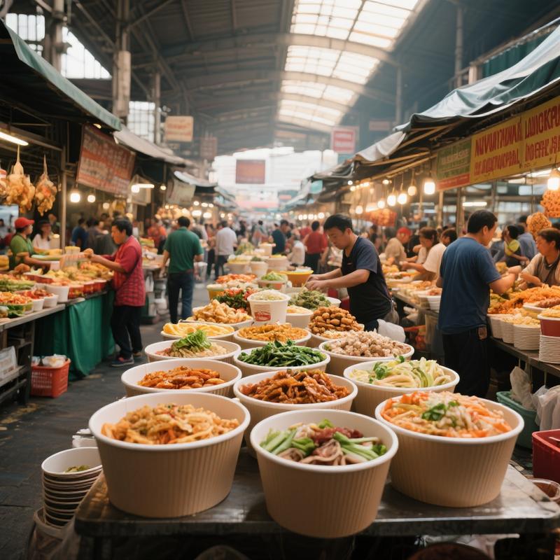 A bustling food market with vendors displaying large paper bowls filled with different dishes, emphasizing the importance of wholesale options.