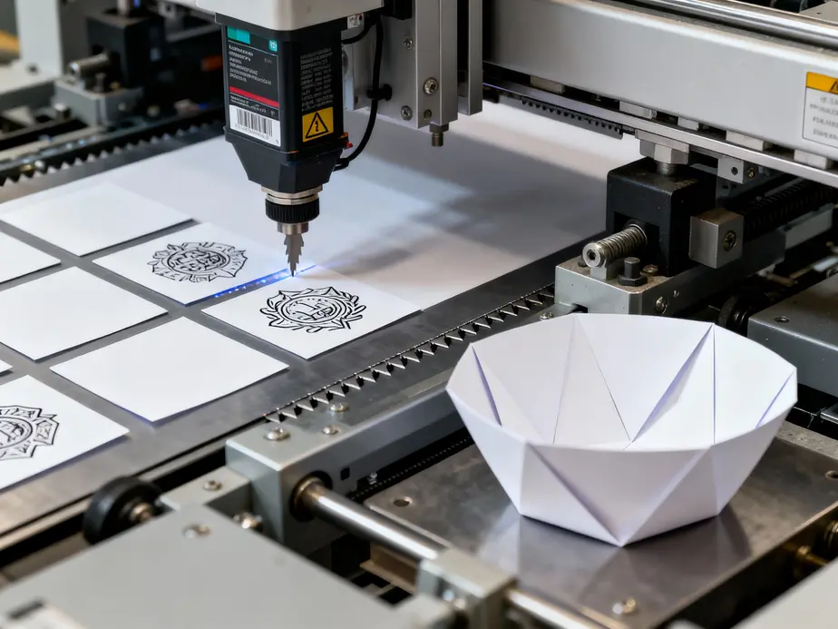 The multi-step manufacturing process involved in creating customized square paper bowls.