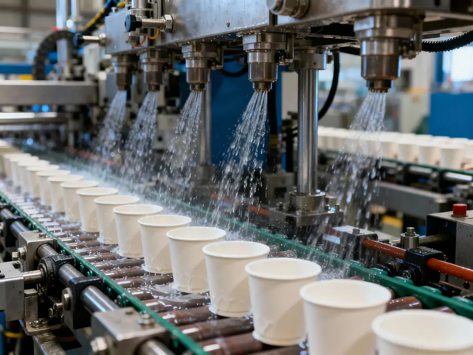 Water-based coating paper cups showcased in an eco-friendly environment, representing modern sustainability.