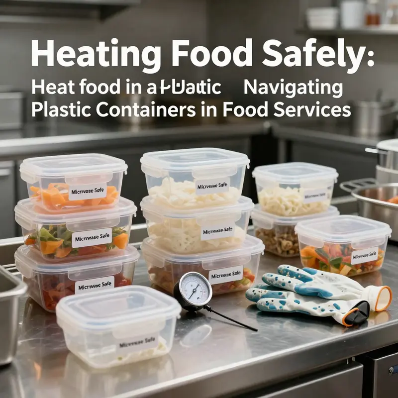Labelled plastic containers ready for safe microwave heating in a professional kitchen.