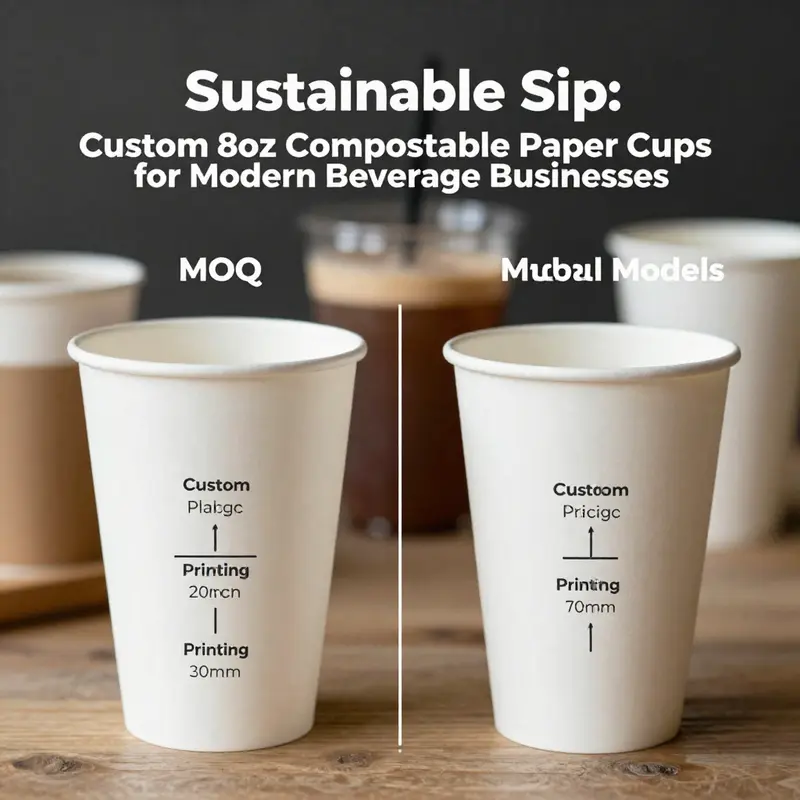 Showcase of customizable 8oz compostable paper cups in a vibrant coffee shop atmosphere.
