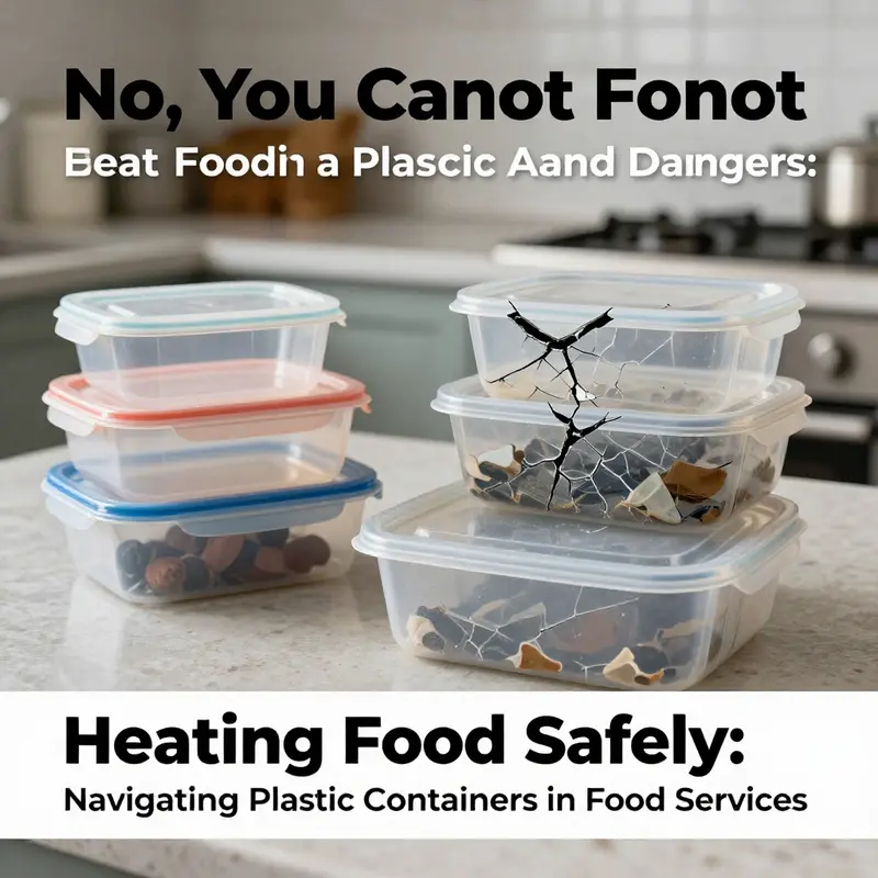 Labelled plastic containers ready for safe microwave heating in a professional kitchen.