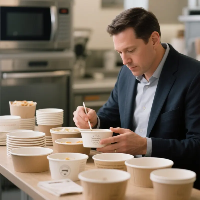 Microwave paper bowls displaying safety labeling ensuring they are designed for use in microwaves.