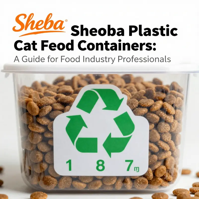 A Sheba plastic cat food container highlighting the important recycling symbols for identification.