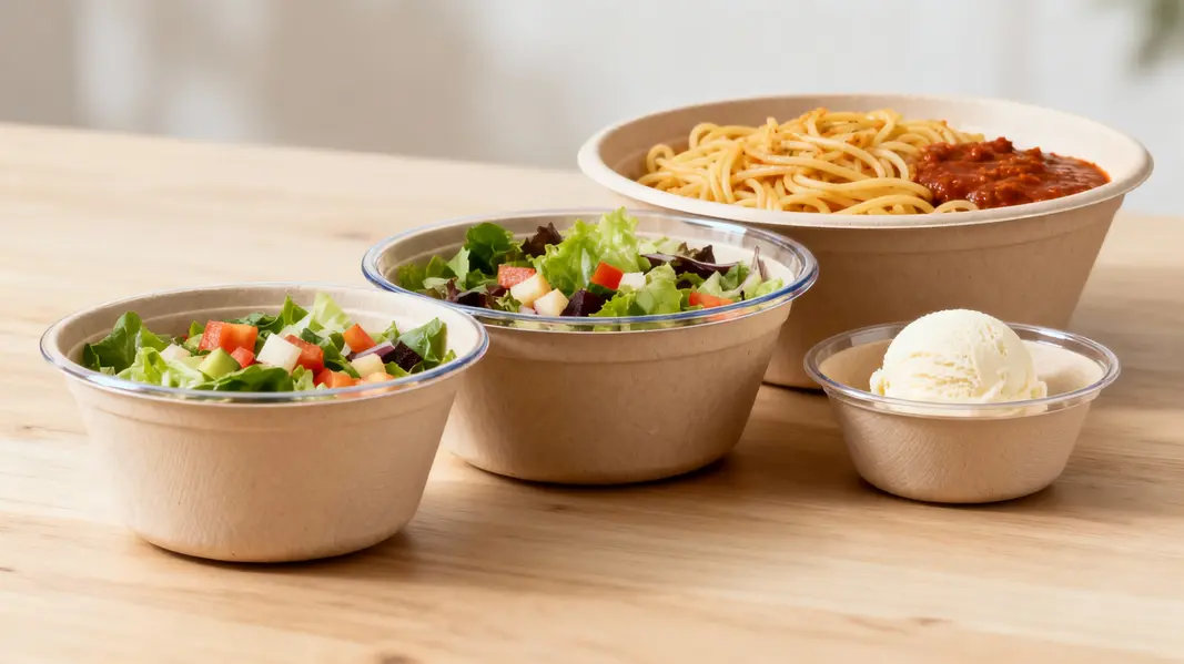 An assortment of eco-friendly bulk paper bowls highlighting various materials like kraft, bagasse, and cornstarch.