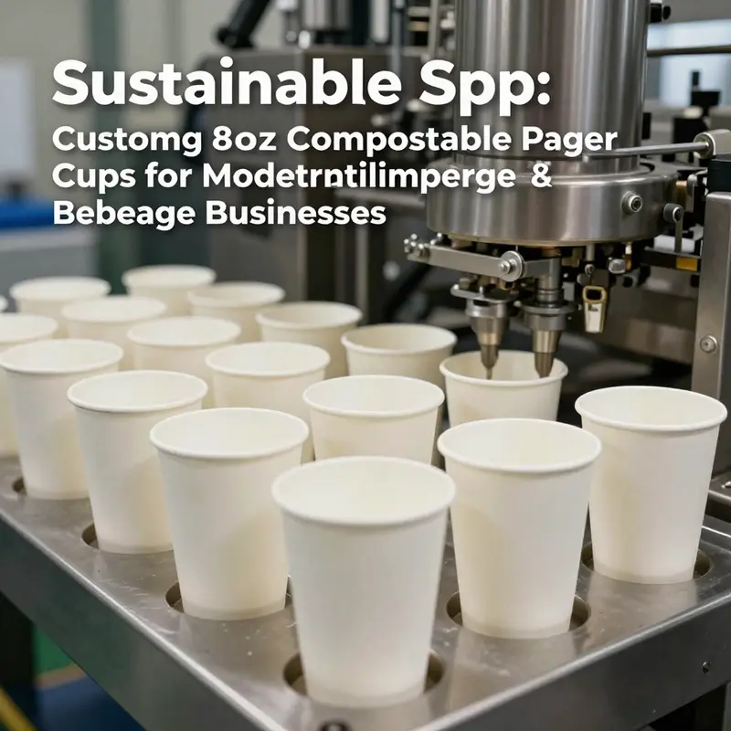 Showcase of customizable 8oz compostable paper cups in a vibrant coffee shop atmosphere.
