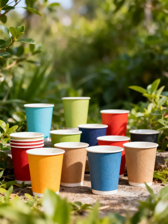 Water-based coating paper cups showcased in an eco-friendly environment, representing modern sustainability.