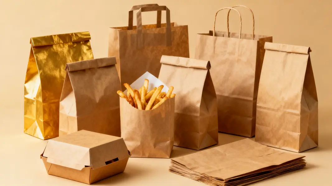 A variety of fast food paper bags demonstrating the different styles and designs available for restaurants.