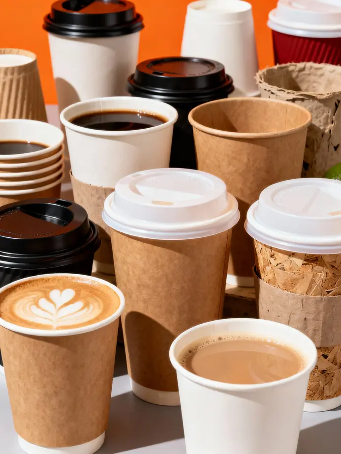 Diverse selection of takeaway coffee cups in various sizes and materials.