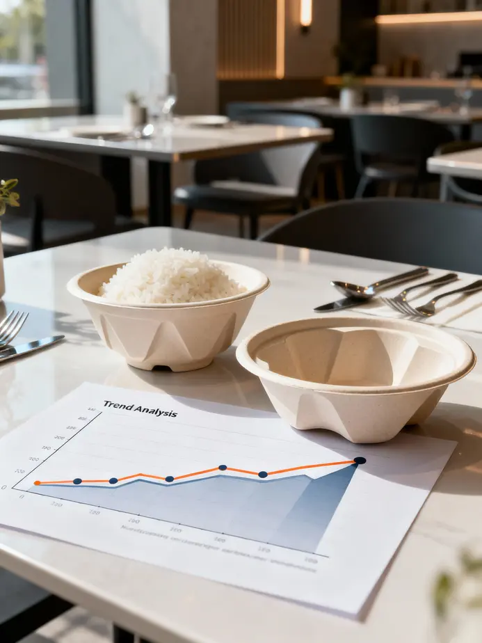 Compostable disposable rice bowls made from eco-friendly materials.